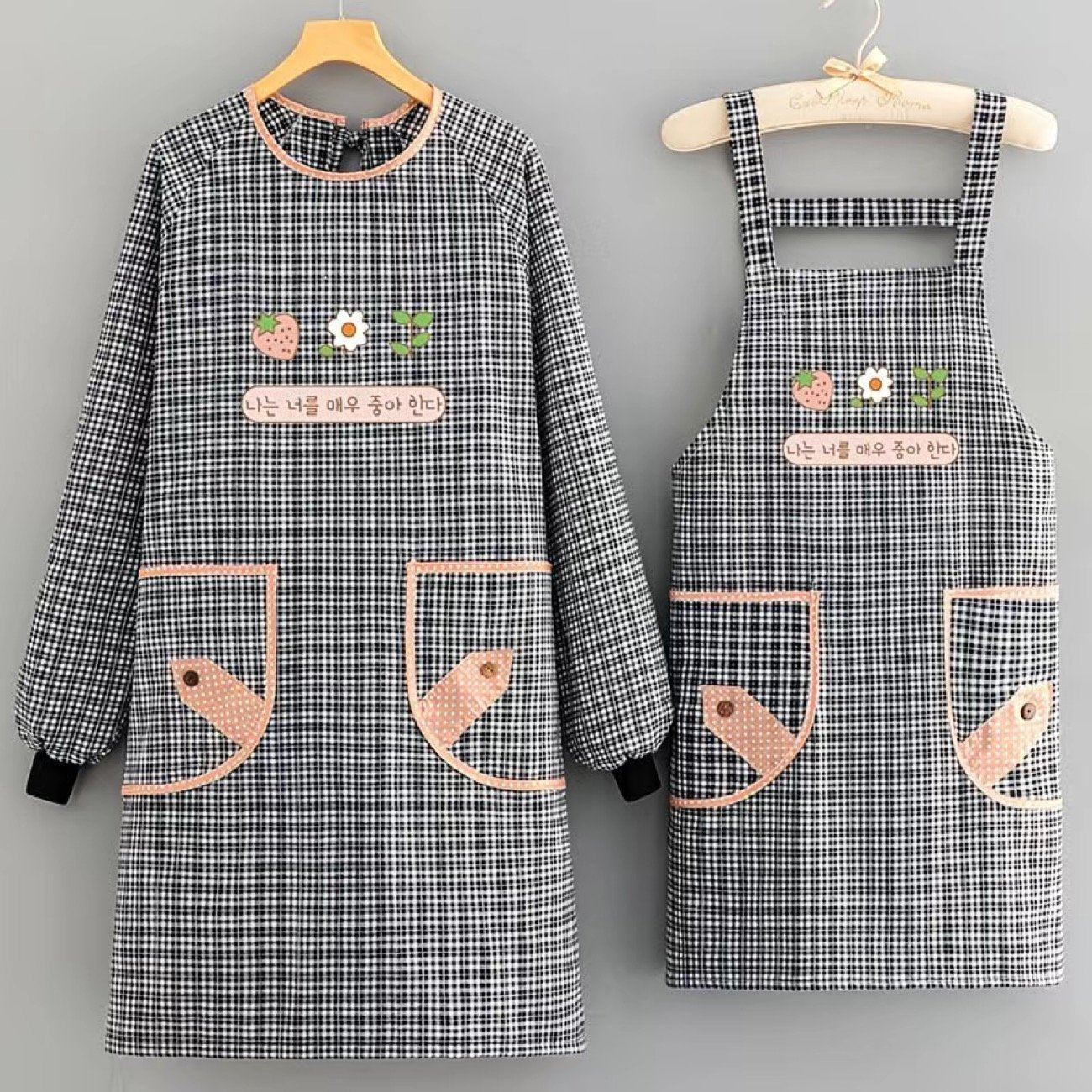 IMG_5577 2PC◆The new cotton apron comes in both long-sleeved and short-sleeved styles and is breathable and durable, making it perfect for home use - Image 1